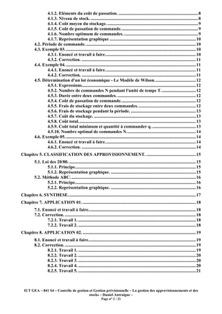 IUT GEA – 841 S4 – Contrôle de gestion et Gestion prévisionnelle – La gestion des approvisionnements et des
stocks – Daniel Antraigue –
Page n° 2 / 21
4.1.2. Eléments du coût de passation. .......................................................................8
4.1.3. Niveau de stock. ................................................................................................8
4.1.4. Coût moyen du stockage. .................................................................................9
4.1.5. Coût de passation de commande.....................................................................9
4.1.6. Nombre optimum de commandes. ..................................................................9
4.1.7. Représentation graphique .............................................................................10
4.2. Période de commande...................................................................................................10
4.3. Exemple 03.....................................................................................................................10
4.3.1. Enoncé et travail à faire.................................................................................10
4.3.2. Correction. ......................................................................................................11
4.4. Exemple 04.....................................................................................................................11
4.4.1. Enoncé et travail à faire.................................................................................11
4.4.2. Correction. ......................................................................................................11
4.5. Détermination d'un lot économique - Le Modèle de Wilson.....................................12
4.5.1. Expressions......................................................................................................12
4.5.2. Nombre de commandes N pendant l'unité de temps T. ..............................12
4.5.3. Durée entre deux commandes. ......................................................................12
4.5.4. Coût de passation de commande...................................................................12
4.5.5. Frais de stockage entre deux commandes. ...................................................12
4.5.6. Frais de stockage pendant la période. ..........................................................13
4.5.7. Coût du stockage. ...........................................................................................13
4.5.8. Coût total.........................................................................................................13
4.5.9. Coût total minimum et quantité à commander q. .......................................13
4.5.10. Nombre optimal de commandes N..............................................................14
4.6. Exemple 05.....................................................................................................................14
4.6.1. Enoncé et travail à faire.................................................................................14
4.6.2. Correction. ......................................................................................................14
Chapitre 5. CLASSIFICATION DES APPROVISIONNEMENT. ............................................15
5.1. Loi des 20/80. .................................................................................................................15
5.1.1. Principe............................................................................................................15
5.1.2. Représentation graphique. ............................................................................15
5.2. Méthode ABC. ...............................................................................................................16
5.2.1. Principe............................................................................................................16
5.2.2. Représentation graphique. ............................................................................16
Chapitre 6. SYNTHESE..................................................................................................................17
Chapitre 7. APPLICATION 01. .....................................................................................................18
7.1. Enoncé et travail à faire................................................................................................18
7.2. Correction. .....................................................................................................................18
7.2.1. Travail 1. .........................................................................................................18
7.2.2. Travail 2. .........................................................................................................18
Chapitre 8. APPLICATION 02. .....................................................................................................19
8.1. Enoncé et travail à faire................................................................................................19
8.2. Correction. .....................................................................................................................19
8.2.1. Travail 1. .........................................................................................................19
8.2.2. Travail 2. .........................................................................................................20
8.2.3. Travail 3. .........................................................................................................20
8.2.4. Travail 4. .........................................................................................................20
8.2.5. Travail 5. .........................................................................................................21
 