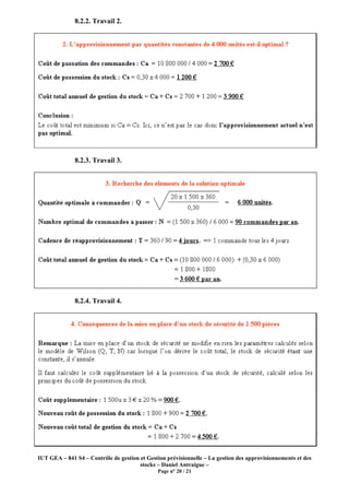 IUT GEA – 841 S4 – Contrôle de gestion et Gestion prévisionnelle – La gestion des approvisionnements et des
stocks – Daniel Antraigue –
Page n° 20 / 21
8.2.2. Travail 2.
8.2.3. Travail 3.
8.2.4. Travail 4.
 