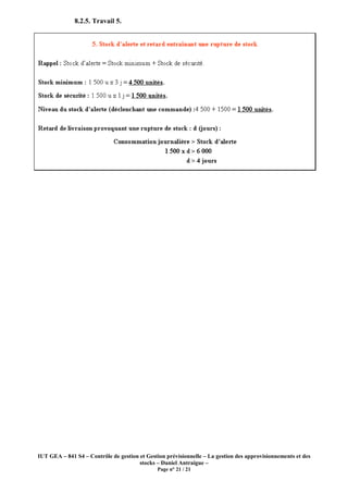 IUT GEA – 841 S4 – Contrôle de gestion et Gestion prévisionnelle – La gestion des approvisionnements et des
stocks – Daniel Antraigue –
Page n° 21 / 21
8.2.5. Travail 5.
 