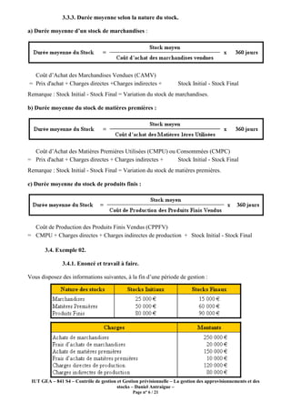 IUT GEA – 841 S4 – Contrôle de gestion et Gestion prévisionnelle
3.3.3. Durée moyenne selon la nature du stock
a) Durée moyenne d’un stock de marchandises
Coût d’Achat des Marchandises Vendues (CAMV)
= Prix d'achat + Charges directes +Charges indirectes +
Remarque : Stock Initial - Stock Final = Variation du stock de marchandises.
b) Durée moyenne du stock de matières premières :
Coût d’Achat des Matières Premières Utilisées (CMPU) ou Consommées (CMPC)
= Prix d'achat + Charges directes + Charges indirectes +
Remarque : Stock Initial - Stock Final = Variation du stock de matières premières.
c) Durée moyenne du stock de produits finis :
Coût de Production des Produits Finis Vendus (CPPFV)
= CMPU + Charges directes + Charges indirectes de production
3.4. Exemple 02.
3.4.1. Enoncé et travail à faire
Vous disposez des informations suivantes, à la fin d’une période de gestion :
Contrôle de gestion et Gestion prévisionnelle – La gestion des approvisionnements et des
stocks – Daniel Antraigue –
Page n° 6 / 21
3.3.3. Durée moyenne selon la nature du stock.
moyenne d’un stock de marchandises :
Coût d’Achat des Marchandises Vendues (CAMV)
Prix d'achat + Charges directes +Charges indirectes + Stock Initial -
Stock Final = Variation du stock de marchandises.
b) Durée moyenne du stock de matières premières :
Coût d’Achat des Matières Premières Utilisées (CMPU) ou Consommées (CMPC)
Prix d'achat + Charges directes + Charges indirectes + Stock Initial -
Final = Variation du stock de matières premières.
c) Durée moyenne du stock de produits finis :
Coût de Production des Produits Finis Vendus (CPPFV)
CMPU + Charges directes + Charges indirectes de production + Stock Initial
3.4.1. Enoncé et travail à faire.
Vous disposez des informations suivantes, à la fin d’une période de gestion :
La gestion des approvisionnements et des
Stock Final
Coût d’Achat des Matières Premières Utilisées (CMPU) ou Consommées (CMPC)
Stock Final
Final = Variation du stock de matières premières.
Stock Initial - Stock Final
 