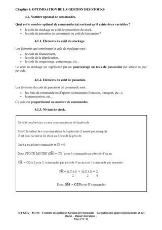 IUT GEA – 841 S4 – Contrôle de gestion et Gestion prévisionnelle
Chapitre 4. OPTIMISATION DE LA GESTION DES STOCKS
4.1. No...