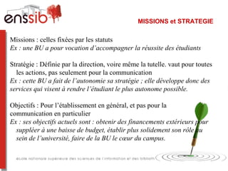 MISSIONS et STRATEGIE
Missions : celles fixées par les statuts 
Ex : une BU a pour vocation d’accompagner la réussite des étudiants
Stratégie : Définie par la direction, voire même la tutelle. vaut pour toutes 
les actions, pas seulement pour la communication
Ex : cette BU a fait de l’autonomie sa stratégie ; elle développe donc des
services qui visent à rendre l’étudiant le plus autonome possible.
Objectifs : Pour l’établissement en général, et pas pour la
communication en particulier
Ex : ses objectifs actuels sont : obtenir des financements extérieurs pour
suppléer à une baisse de budget, établir plus solidement son rôle au
sein de l’université, faire de la BU le cœur du campus.
 