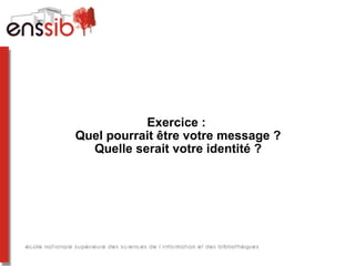 Exercice :
Quel pourrait être votre message ?
Quelle serait votre identité ?
 
