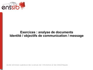 Exercices : analyse de documents
Identité / objectifs de communication / message
 