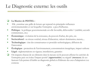 Le Diagnostic externe: les outils
- 37 -
 La Matrice de PESTEL :
 Elle constitue une grille de lecture qui reprend six principales influences
environnementales et sur lesquelles l’entreprise a peu d’influence.
 Politique : la politique gouvernementale est-elle favorable, défavorable ? (stabilité, accords
commerciaux, etc.)
 Économique : évolution de la croissance, du pouvoir d’achat, des prix, etc.
 Socioculturel : au niveau sociétal, niveau d’éducation, valeurs dominantes, mœurs,...
 Technologique : état des connaissances et procédés technologiques, diffusion de
l’innovation
 Écologique : protection de l’environnement, consommation énergétique, impact carbone
 Légal : réglementations en vigueur, interdictions, garanties
 On inspecte chacun de ses éléments dans la mesure où ils peuvent affecter les activités de
l’entreprise puis on évalue l’impact positif (opportunités) ou négatif (menaces) de ces
facteurs Cela permet d’établir un diagnostic global et d’élaborer des axes d’adaptation à ce
contexte
 