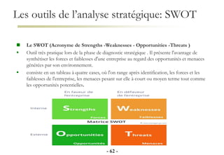 Les outils de l’analyse stratégique: SWOT
- 62 -
 Le SWOT (Acronyme de Strengths -Weaknesses - Opportunities -Threats )
 Outil très pratique lors de la phase de diagnostic stratégique . Il présente l'avantage de
synthétiser les forces et faiblesses d'une entreprise au regard des opportunités et menaces
générées par son environnement.
 consiste en un tableau à quatre cases, où l'on range après identification, les forces et les
faiblesses de l'entreprise, les menaces pesant sur elle à court ou moyen terme tout comme
les opportunités potentielles.
 