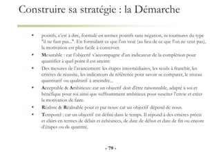Construire sa stratégie : la Démarche
 positifs, c’est à dire, formulé en termes positifs sans négation, ni tournures du type
"il ne faut pas...". En formulant ce que l'on veut (au lieu de ce que l'on ne veut pas),
la motivation est plus facile à conserver.
 Mesurable : car l’objectif s’accompagne d’un indicateur de la complétion pour
quantifier à quel point il est atteint:
 Des mesures de l’avancement: les étapes intermédiaires, les seuils à franchir, les
critères de réussite, les indicateurs de référence pour savoir se comparer, le niveau
quantitatif ou qualitatif à atteindre...
 Acceptable & Ambitieux: car un objectif doit d'être raisonnable, adapté à soi et
bénéfique pour soi ainsi que suffisamment ambitieux pour susciter l’envie et créer
la motivation de faire.
 Réaliste & Réalisable pour et par nous: car un objectif dépend de nous.
 Temporel : car un objectif est défini dans le temps. Il répond à des critères précis
et clairs en termes de délais et échéances, de date de début et date de fin ou encore
d’étapes ou de quantité.
- 79 -
 