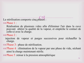 
La stérilisation comporte cinq phases :
 Phase 1 :
Réalisation de plusieurs vides afin d'éliminer l'air dans la cuve
pouvant altérer la qualité de la vapeur, et empêche le contact de
celle-ci avec la charge.
 Phase 2 :
injection de vapeur et purges successives pour réchauffer la
charge.
 Phase 3 : phase de stérilisation.
 Phase 4 : élimination de la vapeur par une phase de vide, séchant
ainsi la charge maintenant stérile.
 Phase 5 :retour à la pression atmosphérique
79
 