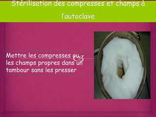 Mettre les compresses ou
les champs propres dans un
tambour sans les presser
 