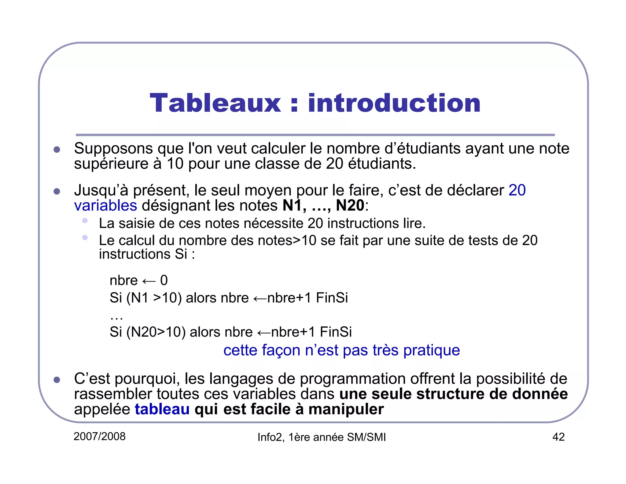 Tableaux : introduction
Supposons que l'on veut calculer le nombre d’étudiants ayant une note
supérieure à 10 pour une classe de 20 étudiants.
Jusqu’à présent, le seul moyen pour le faire, c’est de déclarer 20
variables désignant les notes N1, …, N20:

•
•

La saisie de ces notes nécessite 20 instructions lire.
Le calcul du nombre des notes>10 se fait par une suite de tests de 20
instructions Si :
nbre ← 0
Si (N1 >10) alors nbre ←nbre+1 FinSi
…
Si (N20>10) alors nbre ←nbre+1 FinSi

cette façon n’est pas très pratique
C’est pourquoi, les langages de programmation offrent la possibilité de
rassembler toutes ces variables dans une seule structure de donnée
appelée tableau qui est facile à manipuler
2007/2008

Info2, 1ère année SM/SMI

42

 