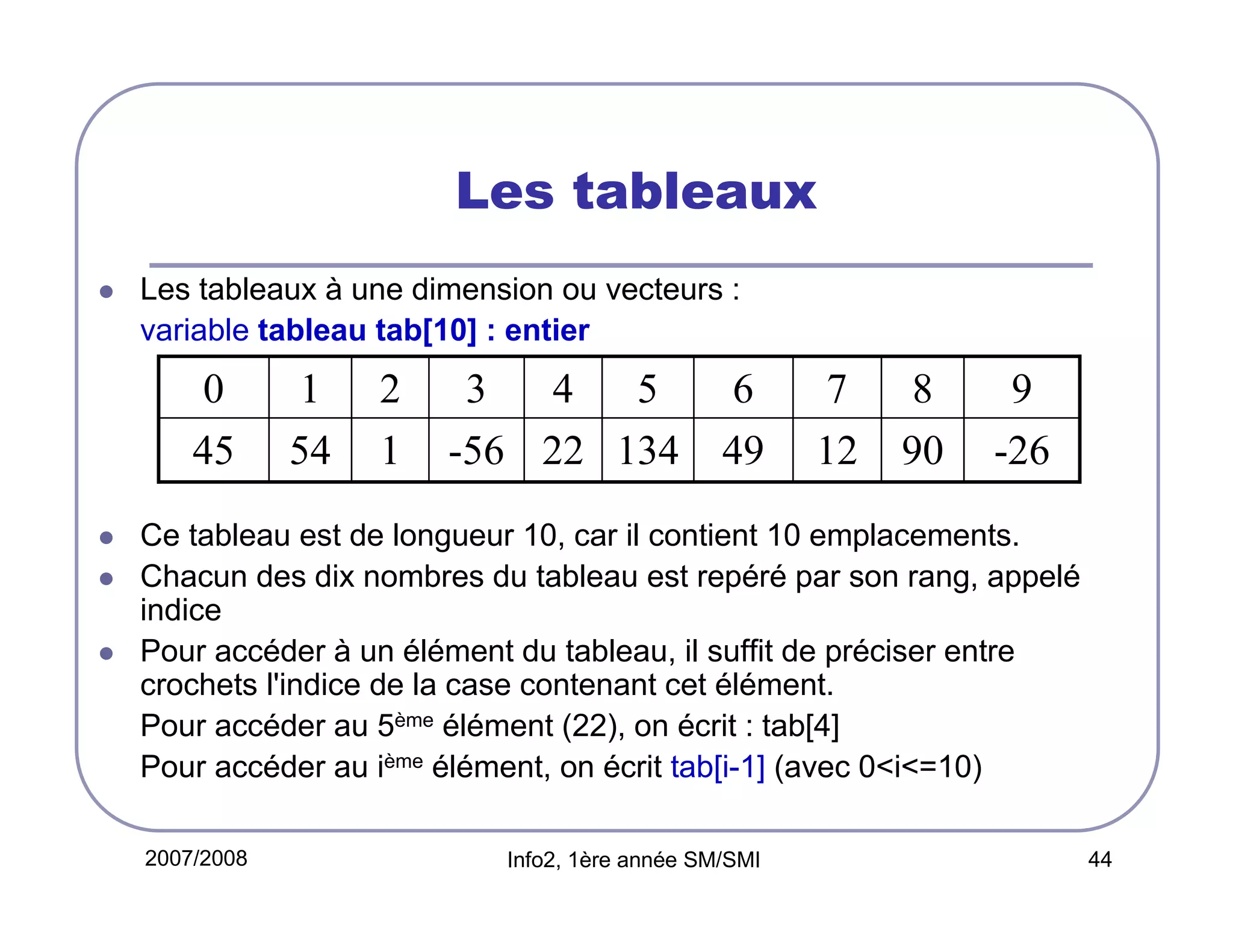 Les tableaux
Les tableaux à une dimension ou vecteurs :
variable tableau tab[10] : entier

0
45

1
54

2
1

3
4
5
-56 22 134

6
49

7
12

8
90

9
-26

Ce tableau est de longueur 10, car il contient 10 emplacements.
Chacun des dix nombres du tableau est repéré par son rang, appelé
indice
Pour accéder à un élément du tableau, il suffit de préciser entre
crochets l'indice de la case contenant cet élément.
Pour accéder au 5ème élément (22), on écrit : tab[4]
Pour accéder au ième élément, on écrit tab[i-1] (avec 0<i<=10)
2007/2008

Info2, 1ère année SM/SMI

44

 