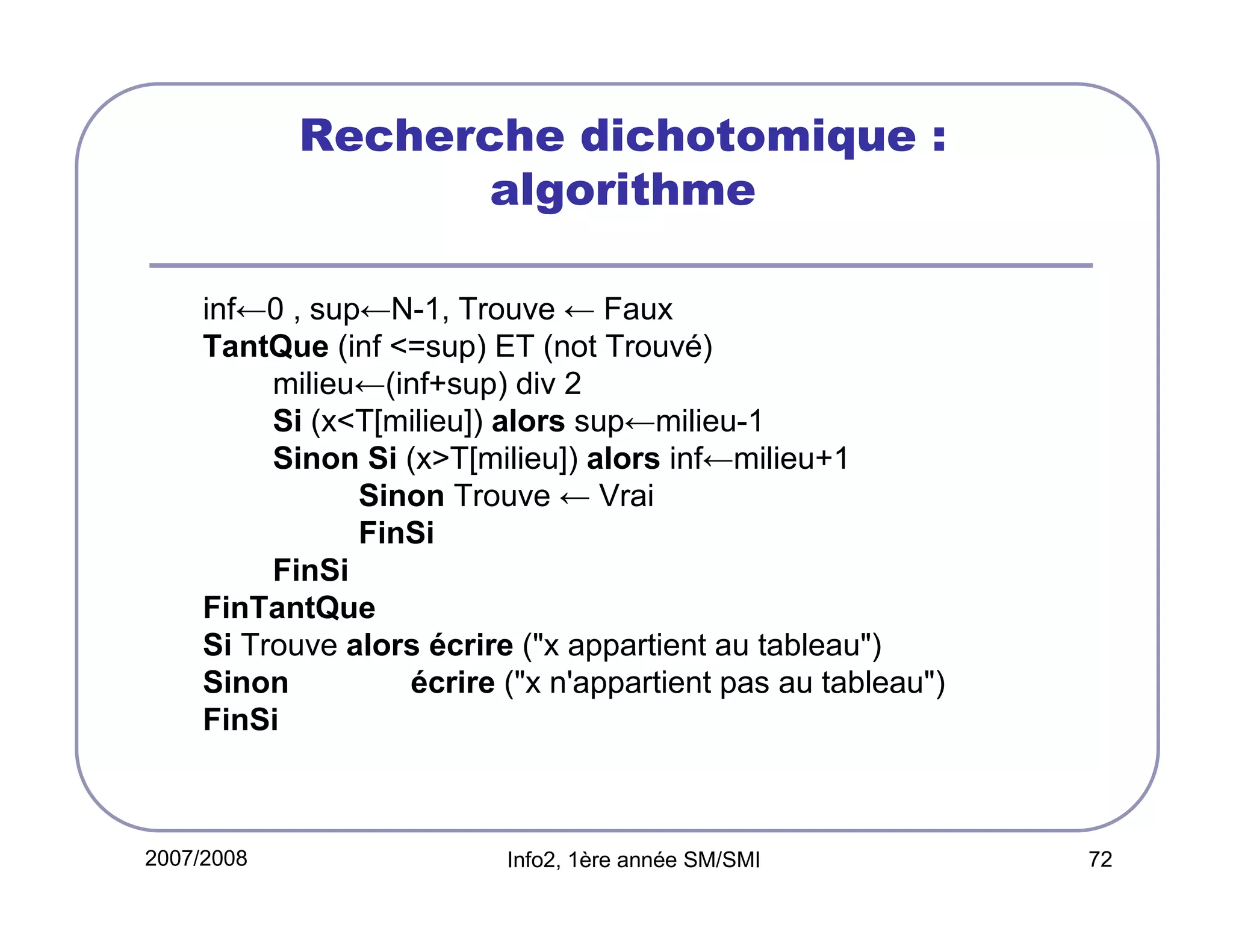 Recherche dichotomique :
algorithme
inf←0 , sup←N-1, Trouve ← Faux
TantQue (inf <=sup) ET (not Trouvé)
milieu←(inf+sup) div 2
Si (x<T[milieu]) alors sup←milieu-1
Sinon Si (x>T[milieu]) alors inf←milieu+1
Sinon Trouve ← Vrai
FinSi
FinSi
FinTantQue
Si Trouve alors écrire ("x appartient au tableau")
Sinon
écrire ("x n'appartient pas au tableau")
FinSi

2007/2008

Info2, 1ère année SM/SMI

72

 