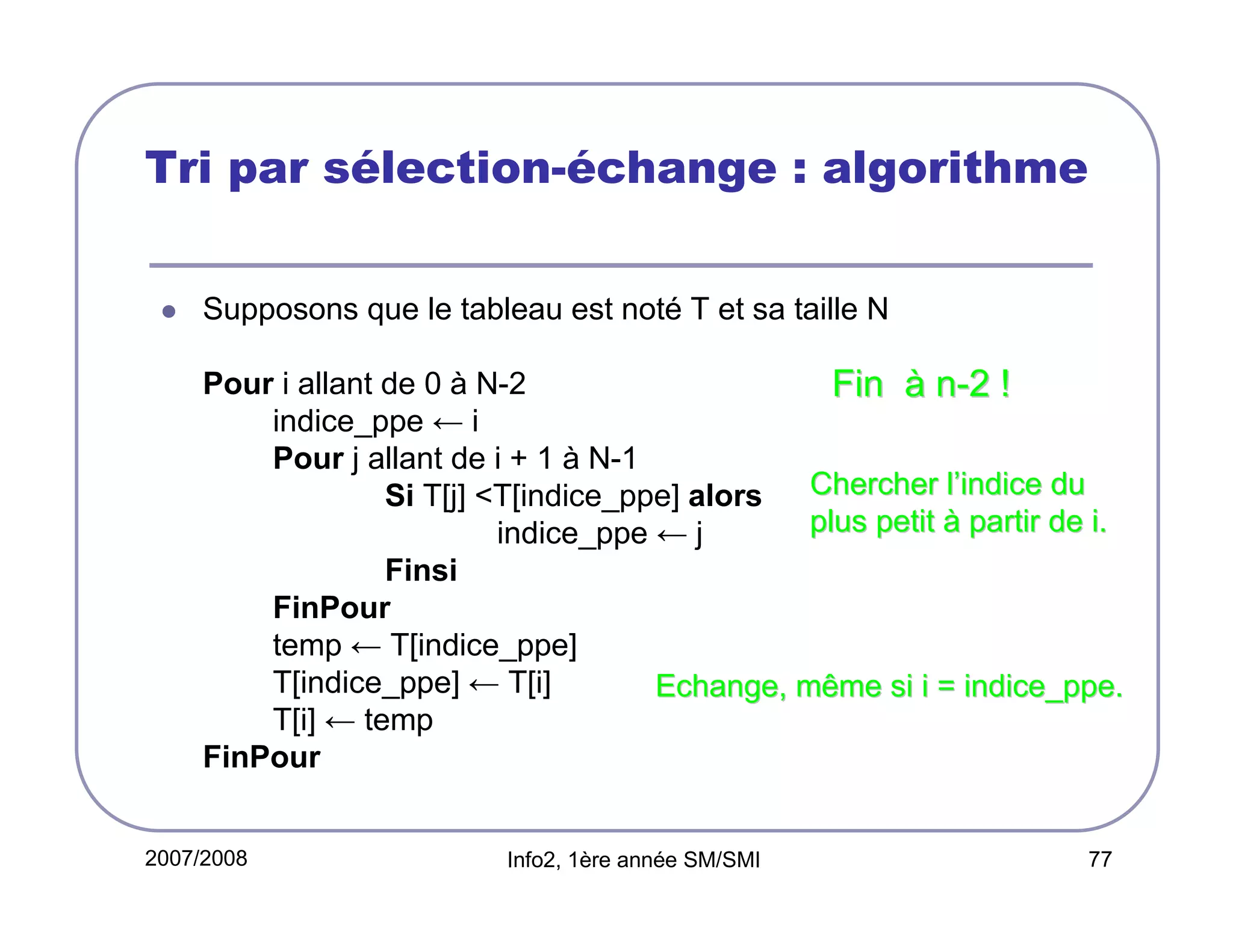 Tri par sélection-échange : algorithme
Supposons que le tableau est noté T et sa taille N
Pour i allant de 0 à N-2
Fin à n-2 !
indice_ppe ← i
Pour j allant de i + 1 à N-1
Chercher l’indice du
Si T[j] <T[indice_ppe] alors
plus petit à partir de i.
indice_ppe ← j
Finsi
FinPour
temp ← T[indice_ppe]
T[indice_ppe] ← T[i]
Echange, même si i = indice_ppe.
T[i] ← temp
FinPour
2007/2008

Info2, 1ère année SM/SMI

77

 