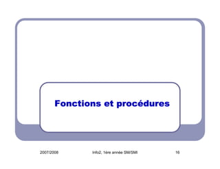 procé
Fonctions et procédures

2007/2008

Info2, 1ère année SM/SMI

16

 