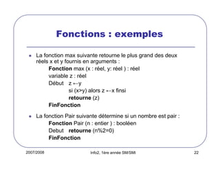 Fonctions : exemples
La fonction max suivante retourne le plus grand des deux
réels x et y fournis en arguments :
Fonction max (x : réel, y: réel ) : réel
variable z : réel
Début z ←y
si (x>y) alors z ←x finsi
retourne (z)
FinFonction
La fonction Pair suivante détermine si un nombre est pair :
Fonction Pair (n : entier ) : booléen
Debut retourne (n%2=0)
FinFonction
2007/2008

Info2, 1ère année SM/SMI

22

 