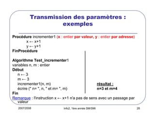 Transmission des paramètres :
exemples
Procédure incrementer1 (x : entier par valeur, y : entier par adresse)
x ← x+1
y ← y+1
FinProcédure
Algorithme Test_incrementer1
variables n, m : entier
Début
n←3
m←3
incrementer1(n, m)
résultat :
écrire (" n= ", n, " et m= ", m)
n=3 et m=4
Fin
Remarque : l'instruction x ← x+1 n'a pas de sens avec un passage par
valeur
2007/2008

Info2, 1ère année SM/SMI

28

 