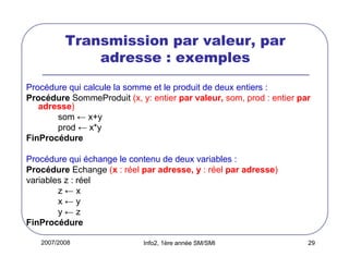 Transmission par valeur, par
adresse : exemples
Procédure qui calcule la somme et le produit de deux entiers :
Procédure SommeProduit (x, y: entier par valeur, som, prod : entier par
adresse)
som ← x+y
prod ← x*y
FinProcédure
Procédure qui échange le contenu de deux variables :
Procédure Echange (x : réel par adresse, y : réel par adresse)
variables z : réel
z←x
x←y
y←z
FinProcédure
2007/2008

Info2, 1ère année SM/SMI

29

 