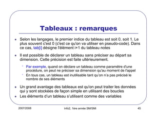 Tableaux : remarques
Selon les langages, le premier indice du tableau est soit 0, soit 1. Le
plus souvent c'est 0 (c'est ce qu'on va utiliser en pseudo-code). Dans
ce cas, tab[i] désigne l'élément i+1 du tableau notes
Il est possible de déclarer un tableau sans préciser au départ sa
dimension. Cette précision est faite ultérieurement.

•
•

Par exemple, quand on déclare un tableau comme paramètre d'une
procédure, on peut ne préciser sa dimension qu'au moment de l'appel
En tous cas, un tableau est inutilisable tant qu’on n’a pas précisé le
nombre de ses éléments

Un grand avantage des tableaux est qu'on peut traiter les données
qui y sont stockées de façon simple en utilisant des boucles
Les éléments d’un tableau s’utilisent comme des variables
2007/2008

Info2, 1ère année SM/SMI

45

 