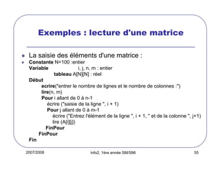 Exemples : lecture d'une matrice
La saisie des éléments d'une matrice :
Constante N=100 :entier
Variable
i, j, n, m : entier
tableau A[N][N] : réel
Début
ecrire("entrer le nombre de lignes et le nombre de colonnes :")
lire(n, m)
Pour i allant de 0 à n-1
écrire ("saisie de la ligne ", i + 1)
Pour j allant de 0 à m-1
écrire ("Entrez l'élément de la ligne ", i + 1, " et de la colonne ", j+1)
lire (A[i][j])
FinPour
FinPour
Fin
2007/2008

Info2, 1ère année SM/SMI

55

 