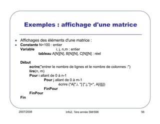 Exemples : affichage d'une matrice
Affichages des éléments d'une matrice :
Constante N=100 : entier
Variable
i, j, n,m : entier
tableau A[N][N], B[N][N], C[N][N] : réel
Début
ecrire("entrer le nombre de lignes et le nombre de colonnes :")
lire(n, m)
Pour i allant de 0 à n-1
Pour j allant de 0 à m-1
écrire ("A[",i, "] [",j,"]=", A[i][j])
FinPour
FinPour
Fin

2007/2008

Info2, 1ère année SM/SMI

56

 
