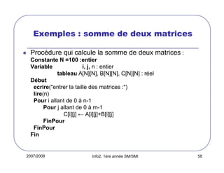 Exemples : somme de deux matrices
Procédure qui calcule la somme de deux matrices :
Constante N =100 :entier
Variable
i, j, n : entier
tableau A[N][N], B[N][N], C[N][N] : réel
Début
ecrire("entrer la taille des matrices :")
lire(n)
Pour i allant de 0 à n-1
Pour j allant de 0 à m-1
C[i][j] ← A[i][j]+B[i][j]
FinPour
FinPour
Fin

2007/2008

Info2, 1ère année SM/SMI

58

 