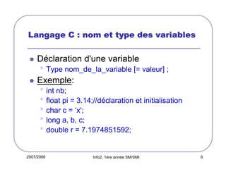 Langage C : nom et type des variables

Déclaration d'une variable

• Type nom_de_la_variable [= valeur] ;
Exemple:

• int nb;
• float pi = 3.14;//déclaration et initialisation
• char c = ‘x';
• long a, b, c;
• double r = 7.1974851592;
2007/2008

Info2, 1ère année SM/SMI

6

 