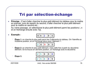 Tri par sélection-échange
Principe : C’est d’aller chercher le plus petit élément du tableau pour le mettre
en premier, puis de repartir du second, d’aller chercher le plus petit élément
pour le mettre en second etc…
Au i-ème passage, on sélectionne le plus petit élément parmi les positions i..n
et on l'échange ensuite avec T[i].
Exemple :

•

9 6

8

5

Étape 1: on cherche le plus petit parmi les 5 éléments du tableau. On l’identifie en
troisième position, et on l’échange alors avec l’élément 1 :

2 6

•

2

9

8

5

Étape 2: on cherche le plus petit élément, mais cette fois à partir du deuxième
élément. On le trouve en dernière position, on l'échange avec le deuxième:

9

8

6

2 5

•

2 5

6

8

9

Étape 3:

2007/2008

Info2, 1ère année SM/SMI

76

 