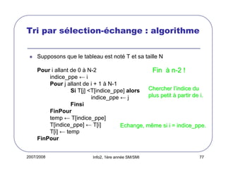 Tri par sélection-échange : algorithme
Supposons que le tableau est noté T et sa taille N
Pour i allant de 0 à N-2
Fin à n-2 !
indice_ppe ← i
Pour j allant de i + 1 à N-1
Chercher l’indice du
Si T[j] <T[indice_ppe] alors
plus petit à partir de i.
indice_ppe ← j
Finsi
FinPour
temp ← T[indice_ppe]
T[indice_ppe] ← T[i]
Echange, même si i = indice_ppe.
T[i] ← temp
FinPour
2007/2008

Info2, 1ère année SM/SMI

77

 