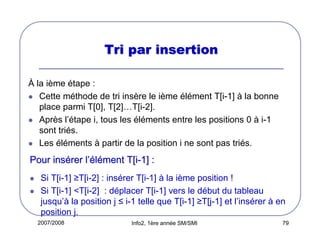 Tri par insertion
À la ième étape :
Cette méthode de tri insère le ième élément T[i-1] à la bonne
place parmi T[0], T[2]…T[i-2].
Après l’étape i, tous les éléments entre les positions 0 à i-1
sont triés.
Les éléments à partir de la position i ne sont pas triés.

Pour insérer l’élément T[i-1] :
Si T[i-1] ≥T[i-2] : insérer T[i-1] à la ième position !
Si T[i-1] <T[i-2] : déplacer T[i-1] vers le début du tableau
jusqu’à la position j ≤ i-1 telle que T[i-1] ≥T[j-1] et l’insérer à en
position j.
2007/2008

Info2, 1ère année SM/SMI

79

 