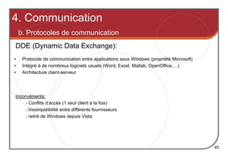 • Protocole de communication entre applications sous Windows (propriété Microsoft)
• Intégré à de nombreux logiciels usuels (Word, Excel, Matlab, OpenOffice,…)
• Architecture client-serveur
Inconvénients:
• Conflits d’accès (1 seul client à la fois)
• Incompatibilité entre différents fournisseurs
• retiré de Windows depuis Vista
4. Communication
b. Protocoles de communication
DDE (Dynamic Data Exchange):
45
 