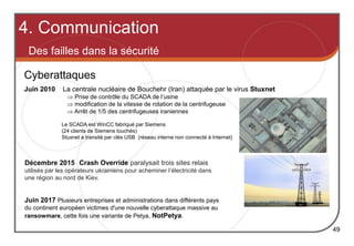 4. Communication
Des failles dans la sécurité
49
Juin 2010 La centrale nucléaire de Bouchehr (Iran) attaquée par le virus Stuxnet
 Prise de contrôle du SCADA de l’usine
 modification de la vitesse de rotation de la centrifugeuse
 Arrêt de 1/5 des centrifugeuses iraniennes
Le SCADA est WinCC fabriqué par Siemens
(24 clients de Siemens touchés)
Stuxnet a transité par clés USB (réseau interne non connecté à Internet)
Cyberattaques
Décembre 2015 Crash Override paralysait trois sites relais
utilisés par les opérateurs ukrainiens pour acheminer l’électricité dans
une région au nord de Kiev.
Juin 2017 Plusieurs entreprises et administrations dans différents pays
du continent européen victimes d'une nouvelle cyberattaque massive au
ransowmare, cette fois une variante de Petya, NotPetya.
 