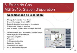 • Spécifications de la solution:
• Pilotage de l’ensemble d’une station
• Envoi d’alarmes par Emails et SMS
• Export de données hebdomadaires et mensuels
• Prise en main à distance sécurisée
• Mise en réseau indépendante du réseau client final
• Cette application devra répondre aux points suivants :
• Interface graphique ergonomique
• Application adaptable
• Modulaire
• Archivage des données
• Export des données
• Visualisation de courbes
• Accès aux différents réglages
53
6. Etude de Cas
MSI 2015: Station d’Epuration
 