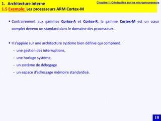 10
1. Architecture interne
1.5 Exemple: Les processeurs ARM Cortex-M
Chapitre 1: Généralités sur les microprocesseurs
 Contrairement aux gammes Cortex-A et Cortex-R, la gamme Cortex-M est un cœur
complet devenu un standard dans le domaine des processeurs.
 Il s’appuie sur une architecture système bien définie qui comprend:
- une gestion des interruptions,
- une horloge système,
- un système de débogage
- un espace d’adressage mémoire standardisé.
 