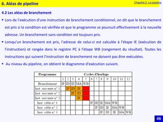 46
4.2 Les aléas de branchement
 Lors de l'exécution d'une instruction de branchement conditionnel, on dit que le branchement
est pris si la condition est vérifiée et que le programme se poursuit effectivement à la nouvelle
adresse. Un branchement sans condition est toujours pris.
 Lorsqu'un branchement est pris, l'adresse de celui-ci est calculée à l'étape IE (exécution de
l'instruction) et rangée dans le registre PC à l'étape WB (rangement du résultat). Toutes les
instructions qui suivent l'instruction de branchement ne doivent pas être exécutées.
 Au niveau du pipeline, on obtient le diagramme d'exécution suivant.
6. Aléas de pipeline Chapitre 2: Le pipeline
 