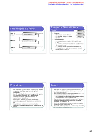 Generated by Foxit PDF Creator © Foxit Software
                                                                  http://www.foxitsoftware.com For evaluation only.




                                                                      Exemple de files multiples à
Files multiples et à retour
                                                                      retour
PRIO = 0                                                                l   Trois files:
la + élevée                                                                  l   Q0: tourniquet, tranche = 8 msecs
                                                                             l   Q1: tourniquet, tranche = 16 msecs
                                                                             l   Q2: FCFS
                                                                        l   Ordonnancement:
PRIO = 1                                                                     l   Un nouveau processus entre dans Q0, il reçoit 8 msecs
                                                                                 d ’UCT
                                                                             l   S ’il ne finit pas dans les 8 msecs, il est mis dans Q1, il reçoit
                                                                                 16 msecs additionnels
                                                                             l   S ’il ne finit pas encore, il est interrompu et mis dans Q2
 PRIO = 2                                                                    l   Si plus tard il commence à avoir des cycles plus courts, il
                                                                                 pourrait retourner à Q0 ou Q1




En pratique...                                                        Aussi…
     l   Les méthodes que nous avons vu sont toutes utilisées           l   Notre étude des méthodes d’ordonnancement est théorique, ne
         en pratique (sauf plus court servi pur qui est                     considère pas en détail tous les problèmes qui se présentent
         impossible)                                                        dans l’ordonnancement UCT
     l   Les SE sophistiqués fournissent au gérant du système           l   P.ex. les ordonnanceurs UCT ne peuvent pas donner l’UCT à un
         une librairie de méthodes, qu’il peut choisir et                   processus pour tout le temps dont il a besoin
         combiner au besoin après avoir observé le                           l Car en pratique, l’UCT sera souvent interrompue par quelque

         comportement du système                                                événement externe avant la fin de son cycle
                                                                        l   Cependant les mêmes principes d’ordonnancement s’appliquent
     l   Pour chaque méthode, plusieurs params sont                         à unités qui ne peuvent pas être interrompues, comme une
         disponibles: p.ex. durée des tranches, coefficients,               imprimante, une unité disque, etc.
         etc.
                                                                        l   Dans le cas de ces unités, on pourrait avoir des infos complètes
     l   Ces méthodes évidemment sont importantes                           concernant le temps de cycle prévu, etc.
         seulement pour les ordis qui ont des fortes charges de         l   Aussi, cette étude ne considère pas du tout les temps d’exécution
         travail                                                            de l’ordonnanceur, du dispatcheur, etc.




                                                                                                                                                      38
 