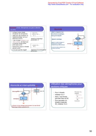 Generated by Foxit PDF Creator © Foxit Software
                                                                                   http://www.foxitsoftware.com For evaluation only.




Spinlocks d’Unix: Sémaphores occupés à attendre
(busy waiting)                                                                                 Atomicité
 l   La façon la plus simple                    wait(S):                               Wait: La séquence test-
     d’implanter les sémaphores.                while S=0 ;                            décrément est atomique,
 l   Utiles pour des situations où               S--;                                  mais pas la boucle!
     l’attente est brève, ou il y a                                                                                                                           V
     beaucoup d’UCTs                         Attend si no. de threads qui
                                                                                       Signal est atomique.                                       S=0
 l   S est un entier initialisé à une        peuvent entrer = 0
                                                                                                                                                        F
     valeur positive, de façon que                                                     Rappel: les sections atomiques ne
     un premier thread puisse                                                          peuvent pas être exécutées                   atomique      S--
     entrer dans la SC                          signal(S):                             simultanément par différent threads
 l   Quand S>0, jusqu’à n threads                S++;
                                                                                       (ceci peut être obtenu un utilisant un des
     peuvent entrer                                                                    mécanismes précédents)                                     SC
 l   S ne peut pas être négatif              Augmente de 1 le no des threads qui
                                             peuvent entrer




                                                                                       Utilisation des sémaphores pour
Atomicité et interruptibilité SC
                                                                                       sections critiques

     interruptible                                      S++        autre thr.
                                                                                                                                               Thread Ti:
                                         V                                                   l Pour n threads
                         S=0                                                                                                                   repeat
                                                                                             l Initialiser S à 1                                 wait(S);
                              F                                                                                                                   SC
                                                                                             l Alors 1 seul thread
                          S--                                                                  peut être dans sa SC                              signal(S);
       atomique
                                                                                                                                                  SR
                                                                                             l Pour permettre à k                              forever
                                                                                               threads d’exécuter
                          SC
                                                                                               SC, initialiser S à k
   La boucle n’est pas atomique pour permettre à un autre thread
   d’interrompre l’attente sortant de la SC




                                                                                                                                                                  50
 