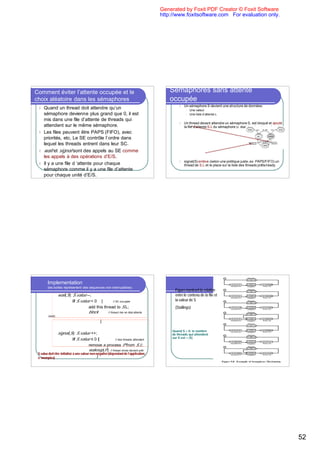 Generated by Foxit PDF Creator © Foxit Software
                                                                                        http://www.foxitsoftware.com For evaluation only.




Comment éviter l’attente occupée et le                                                      Sémaphores sans attente
choix aléatoire dans les sémaphores                                                         occupée
                                                                                                 l   Un sémaphore S devient une structure de données:
 l Quand un thread doit attendre qu’un                                                                l   Une valeur
   sémaphore devienne plus grand que 0, il est                                                        l   Une liste d’attente L
   mis dans une file d’attente de threads qui
                                                                                                 l   Un thread devant attendre un sémaphore S, est bloqué et ajouté
   attendent sur le même sémaphore.                                                                  la file d’attente S.L du sémaphore (v. état bloqué = attente chap 4).
 l Les files peuvent être PAPS (FIFO), avec
   priorités, etc. Le SE contrôle l`ordre dans
   lequel les threads entrent dans leur SC.
 l wait et signal sont des appels au SE comme
   les appels à des opérations d’E/S.
                                                                                                 l   signal(S) enlève (selon une politique juste, ex: PAPS/FIFO) un
 l Il y a une file d ’attente pour chaque                                                            thread de S.L et le place sur la liste des threads prêts/ready.
   sémaphore comme il y a une file d’attente
   pour chaque unité d’E/S.




        Implementation
        (les boîtes réprésentent des séquences non-interruptibles)
                                                                                               Figure montrant la relation
                  wait(S): S.value --;                                                         entre le contenu de la file et
                           if S.value < 0 {           // SC occupée                            la valeur de S
                                     add this thread to S.L;                                   (Stallings)
                                     block       // thread mis en état attente
         (wait)

                                                 }

                                                                                             Quand S < 0: le nombre
                 signal(S): S.value ++;                                                      de threads qui attendent
                              if S.value ≤ 0 {               // des threads attendent
                                                                                             sur S est = |S|

                                          remove a process P from S.L;
                                          wakeup(P) // thread choisi devient prêt
 S.value doit être initialisé à une valeur non-négative (dépendant de l’application,
 v. exemples)                                  }




                                                                                                                                                                             52
 