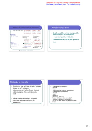Generated by Foxit PDF Creator © Foxit Software
                                                                    http://www.foxitsoftware.com For evaluation only.




      Solution de P/C: tampon circulaire fini de dimension k                  Points importants à étudier
      Initialization: S.count=1; //excl. mut.
                      N.count=0; //esp. pleins
                      E.count=k; //esp. vides                                 n   dégâts possibles en inter changeant les
append(v):                                                                        instructions sur les sémaphores
  b[in]=v;
                         Producer:             Consumer:
  In ++ mod k;                                                                    u ou   en changeant leur initialisation
                         repeat                repeat
                           produce v;            wait(N);
                                                                              n   Généralisation au cas de plus. prods et
                           wait(E);              wait(S);
take():                    wait(S);              w=take();                        cons
  w=b[out];                append(v);            signal(S);
  Out ++ mod k;            signal(S);            signal(E);
  return w;                signal(N);            consume(w);
                         forever               forever

                     Sections critiques




États sûr et non sûr
  l   On dit d'un état qu'il est sûr s'il n'est pas                       l   1 si demande(Pi)<=besoin(Pi)
      bloqué et qu'il existe un                                               2 aller à 5
                                                                              3 sinon
      ordonnancement selon lequel chaque                                      4 erreur(demande supèrieur aux besoins)
      processus peut s'exécuter jusqu'au                                      5 si demande (Pi)<=disponible
                                                                              6 aller à 9
      bout,                                                                   7 sinon
                                                                              8 bloquer Pi;
                                                                              9 dèterminer_ètat avec:
  l   même si tous demandent d'un seul                                        10 disponible=disponible -demande(Pi)
                                                                              11 allouè(Pi)=allouè(Pi)+DEmande (Pi)
      coup leur nombre maximum de                                             12 si etat sur alors faire la maj des structure de
      ressources.                                                             donnèes

                                                               21
                                                                9




                                                                                                                                   55
 