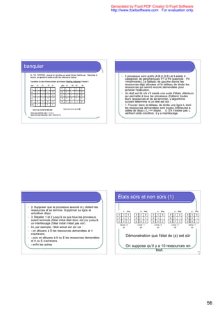 Generated by Foxit PDF Creator © Foxit Software
                                                                  http://www.foxitsoftware.com For evaluation only.




banquier
                                                                        l   5 processus sont actifs (A,B,C,D,E) et il existe 4
                                                                            catégories de périphériques P1 à P4 (exemple : P4
                                                                            =imprimante). Le tableau de gauche donne les
                                                                            ressources déjà allouées et le tableau de droite les
                                                                            ressources qui seront encore demandées pour
                                                                            achever l'exécution.
                                                                        l   Un état est dit sûr s'il existe une suite d'états ultérieurs
                                                                            qui permette à tous les processus d'obtenir toutes
                                                                            leurs ressources et de se terminer. L'algorithme
                                                                            suivant détermine si un état est sûr :
                                                                        l   1. Trouver dans le tableau de droite une ligne L dont
                                                                            les ressources demandées sont toutes inférieures à
                                                                            celles de dispo ( Li <= dispoi, i). S'il n'existe pas L
                                                                            vérifiant cette condition, il y a interblocage




                                                                      États sûrs et non sûrs (1)
 l   2. Supposer que le processus associé à L obtient les
     ressources et se termine. Supprimer sa ligne et
     actualiser dispo
 l   3. Répéter 1 et 2 jusqu'à ce que tous les processus
     soient terminés (l'état initial était donc sûr) ou jusqu'à
     un interblocage (l'état initial n'était pas sûr)
 l   Ici, par exemple, l'état actuel est sûr car :
 l   - on allouera à D les ressources demandées et il
     s'achèvera
 l   - puis on allouera à A ou E les ressources demandées
                                                                            Démonstration que l'état de (a) est sûr
     et A ou E s'achèvera
 l   - enfin les autres
                                                                            On suppose qu’il y a 10 ressources en
                                                                                             tout.                                         22
                                                                                                                                            4




                                                                                                                                                56
 