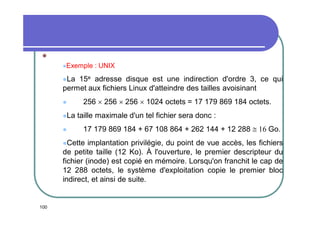
Exemple

: UNIX

15e adresse disque est une indirection d'ordre 3, ce qui
permet aux fichiers Linux d'atteindre des tailles avoisinant
La


La


256  256  256  1024 octets = 17 179 869 184 octets.
taille maximale d'un tel fichier sera donc :
17 179 869 184 + 67 108 864 + 262 144 + 12 288 Go.

Cette

implantation privilégie, du point de vue accès, les fichiers
de petite taille (12 Ko). À l'ouverture, le premier descripteur du
fichier (inode) est copié en mémoire. Lorsqu'on franchit le cap de
12 288 octets, le système d'exploitation copie le premier bloc
indirect, et ainsi de suite.

100

 