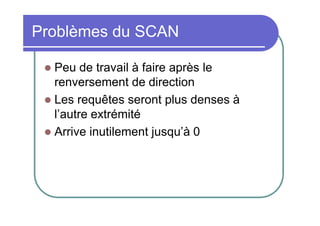 Problèmes du SCAN
Peu de travail à faire après le
renversement de direction
 Les requêtes seront plus denses à
l’autre extrémité
 Arrive inutilement jusqu’à 0


 