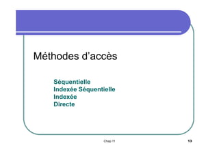 Méthodes d’accès
Séquentielle
Indexée Séquentielle
Indexée
Directe

Chap 11

13

 