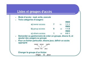 Listes et groupes d’accès







Mode d’accès: read, write, execute
Trois catégories d’usagers:
RWX
a) owner access
7

111
RWX
b) group access
6

110
RWX
c) others access
1

001
Demander au gestionnaire de créer un groupe, disons G, et
ajouter des usagers au groupe
Pour un fichier particulier, disons jeux, définir un accès
approprié
owner

group

chmod 761

public

jeux

Changer le groupe d’un fichier
chgrp G jeux

 