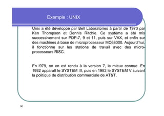 Exemple : UNIX
Unix a été développé par Bell Laboratories à partir de 1970 par
Ken Thompson et Dennis Ritchie. Ce système a été mis
successivement sur PDP-7, 9 et 11, puis sur VAX, et enfin sur
des machines à base de microprocesseur MC68000. Aujourd’hui,
il fonctionne sur les stations de travail avec des microprocesseurs RISC.

En l979, on en est rendu à la version 7, la mieux connue. En
1982 apparaît le SYSTEM III, puis en 1983 le SYSTEM V suivant
la politique de distribution commerciale de AT&T.

90

 