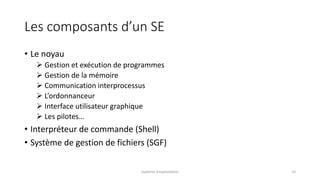 Les composants d’un SE
• Le noyau
 Gestion et exécution de programmes
 Gestion de la mémoire
 Communication interprocessus
 L’ordonnanceur
 Interface utilisateur graphique
 Les pilotes…
• Interpréteur de commande (Shell)
• Système de gestion de fichiers (SGF)
Système d'exploitation 10
 