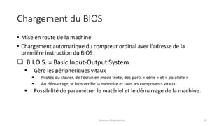 Chargement du BIOS
• Mise en route de la machine
• Chargement automatique du compteur ordinal avec l’adresse de la
première instruction du BIOS
 B.I.O.S. = Basic Input-Output System
 Gère les périphériques vitaux
 Pilotes du clavier, de l’écran en mode texte, des ports « série » et « parallèle »
 Au démarrage, le bios vérifie la mémoire et tous les composants vitaux
 Possibilité de paramétrer le matériel et le démarrage de la machine.
Système d'exploitation 26
 