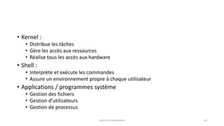 • Kernel :
• Distribue les tâches
• Gère les accès aux ressources
• Réalise tous les accès aux hardware
• Shell :
• Interprète et exécute les commandes
• Assure un environnement propre à chaque utilisateur
• Applications / programmes système
• Gestion des fichiers
• Gestion d’utilisateurs
• Gestion de processus
Système d'exploitation 64
 