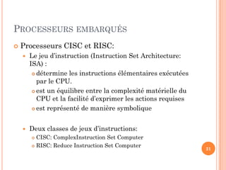 PROCESSEURS EMBARQUÉS
 Processeurs CISC et RISC:
 Le jeu d’instruction (Instruction Set Architecture:
ISA) :
 détermine...