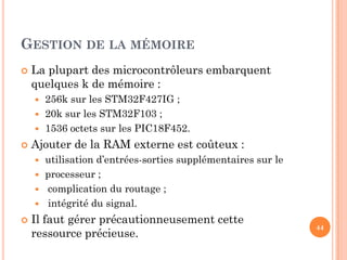 GESTION DE LA MÉMOIRE
 La plupart des microcontrôleurs embarquent
quelques k de mémoire :
 256k sur les STM32F427IG ;
 ...