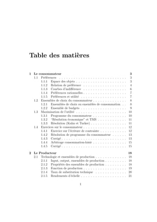 Table des matieres 
1 Le consommateur 3 
1.1 Preferences . . . . . . . . . . . . . . . . . . . . . . . . . . . . 3 
1.1.1 Espace des objets . . . . . . . . . . . . . . . . . . . . . 3 
1.1.2 Relation de preference . . . . . . . . . . . . . . . . . . 4 
1.1.3 Courbes d'indierence . . . . . . . . . . . . . . . . . . 6 
1.1.4 Preferences rationnelles . . . . . . . . . . . . . . . . . . 7 
1.1.5 Preferences et utilite . . . . . . . . . . . . . . . . . . . 7 
1.2 Ensembles de choix du consommateur . . . . . . . . . . . . . . 8 
1.2.1 Ensembles de choix ou ensembles de consommation . . 8 
1.2.2 Ensemble de budgets . . . . . . . . . . . . . . . . . . . 9 
1.3 Maximisation de l'utilite . . . . . . . . . . . . . . . . . . . . . 10 
1.3.1 Programme du consommateur . . . . . . . . . . . . . . 10 
1.3.2 Resolution economique et TMS . . . . . . . . . . . . 11 
1.3.3 Resolution (Kuhn et Tucker) . . . . . . . . . . . . . . . 11 
1.4 Exercices sur le consommateur . . . . . . . . . . . . . . . . . . 12 
1.4.1 Exercice sur l'ecriture de contrainte . . . . . . . . . . . 12 
1.4.2 Resolution de programme du consommateur . . . . . . 13 
1.4.3 Corrige . . . . . . . . . . . . . . . . . . . . . . . . . . . 13 
1.4.4 Arbitrage consommation-loisir . . . . . . . . . . . . . . 15 
1.4.5 Corrige . . . . . . . . . . . . . . . . . . . . . . . . . . . 15 
2 Le Producteur 18 
2.1 Technologie et ensembles de production . . . . . . . . . . . . . 18 
2.1.1 Input, output, ensembles de production . . . . . . . . . 18 
2.1.2 Proprietes des ensembles de production . . . . . . . . . 18 
2.1.3 Fonction de production . . . . . . . . . . . . . . . . . . 19 
2.1.4 Taux de substitution technique . . . . . . . . . . . . . 20 
2.1.5 Rendements d'echelle . . . . . . . . . . . . . . . . . . . 21 
1 
 